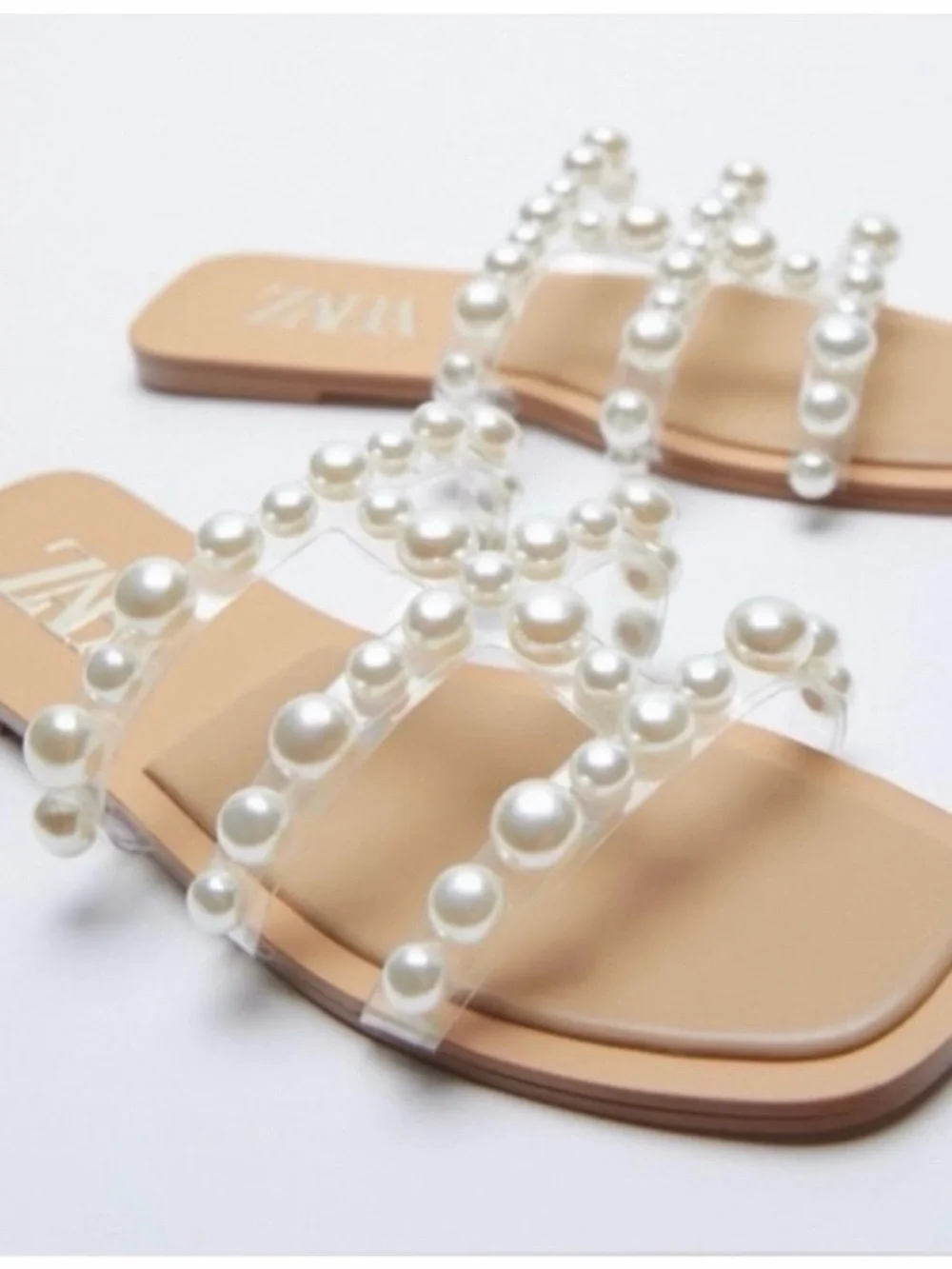 ZARA Clear Pearl-Embellished Women’s Slide Sandals - Beige - Picture 1 of 5